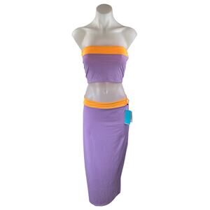 NEW ONEONE Sharon Purple Coral Bandeau Tube Slit Midi Long Skirt 2 Piece Set M